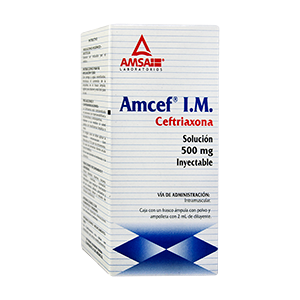 Amcef I.M. Solución Inyectable 1 ampolleta de 2 ml, Lab. AMSA (Ceftriaxona 500 mg / 2 ml)