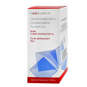 Dextrometorfano, Guaifenesina, Fenilefrina Jarabe 118 ml, Lab. Beadvance (Dextrometorfano 0.300 g, Guaifenesina 2.4 g, Fenilefrina 0.050 g / 100 ml)