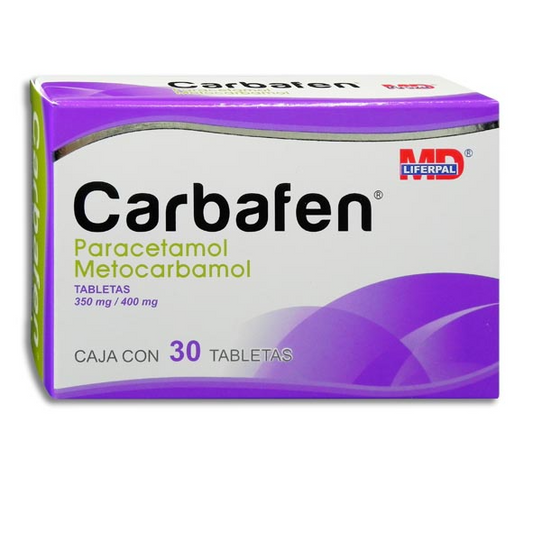 Carbafen 30 tabletas, Lab. MD Liferpal (Metocarbamol 400 mg, Paracetamol 350 mg)