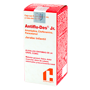 Antiflu-Des Jr 60 ml Jarabe Lab. Chinoin (Paracetamol 3.000 g / 100 ml , Amantadina 0.500 g / 100 ml , Clorfenamina 0.020 g / 100 ml)