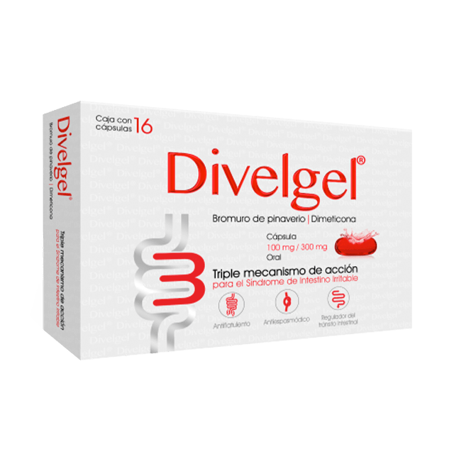 Divelgel 16 cápsulas, Lab. Progela (Bromuro de Pinaverio 100 mg, Dimeticona 300 mg)