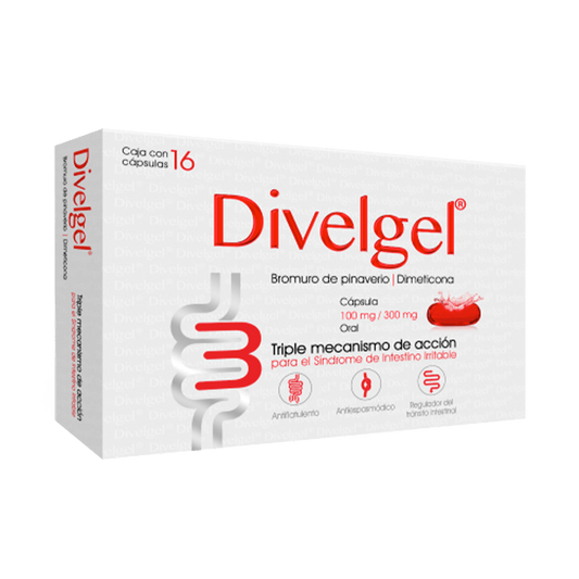 Divelgel 16 cápsulas, Lab. Progela (Bromuro de Pinaverio 100 mg, Dimeticona 300 mg)