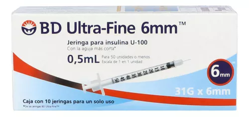 Jeringa Insulina 0.5 ml, U-100, Ultra-Fine, 31 g x 6 mm 10 jeringas, BD