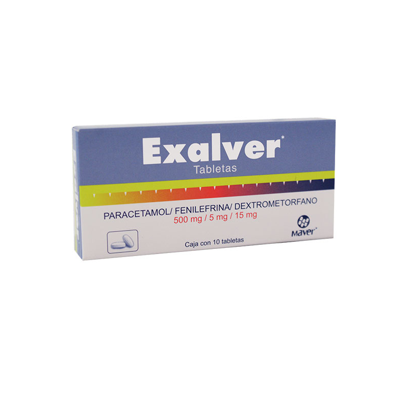 Exalver 10 tabletas, Lab. Maver (Paracetamol 500 mg, Fenilefrina 5 mg, Dextrometorfano 15 mg)