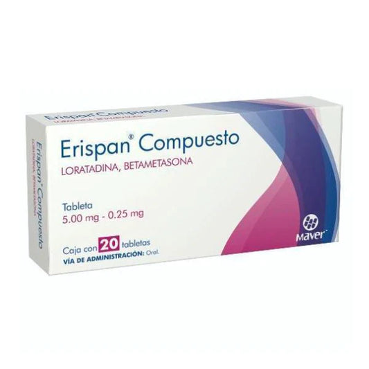 Erispan Compuesto 20 tabletas, Lab. Maver (Loratadina 5 mg, Betametasona 0.25 mg)