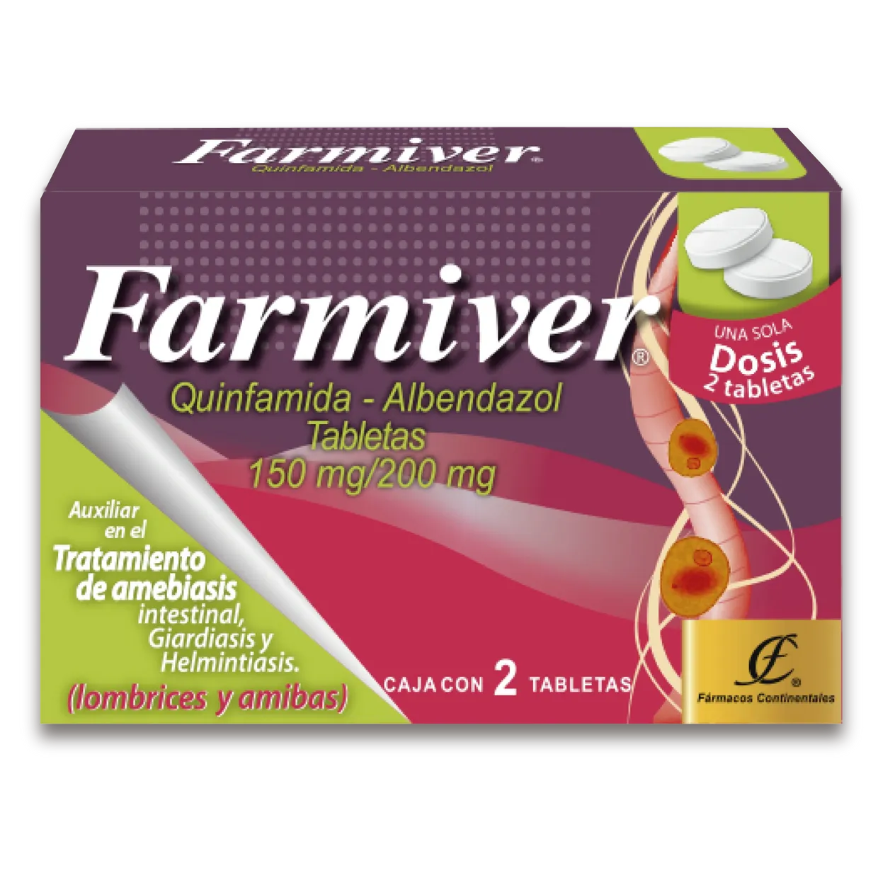 Farmiver 2 Tabletas Lab. Fármacos Continentales (Albendazol 200.000 mg , Quinfamida 150.000 mg)