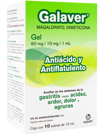 Galaver 10 sobres, 10 ml c/1 Gel Lab. Maver (Dimeticona 80.000 mg / ml , Magaldrato 10.000 mg / ml)