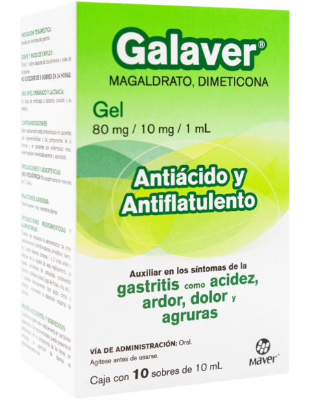 Galaver 10 sobres, 10 ml c/1 Gel Lab. Maver (Dimeticona 80.000 mg / ml , Magaldrato 10.000 mg / ml)