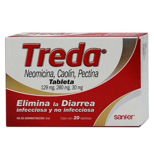 Treda 20 tabletas Lab. Sanfer (Caolín 280 mg, Neomicina 129 mg, Pectina 30 mg)