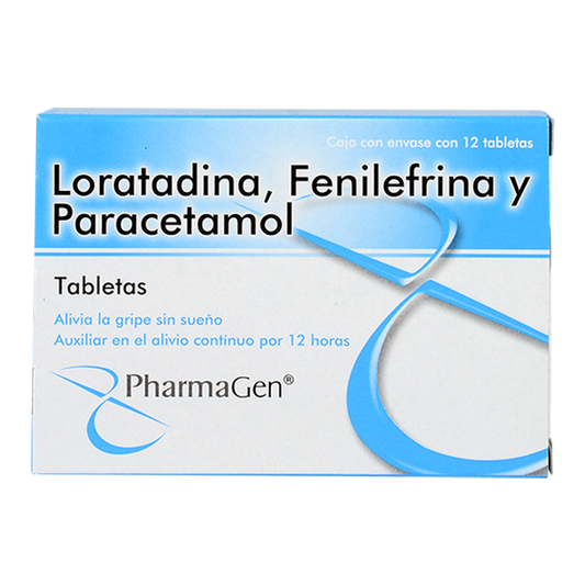 Loratadina, Fenilefrina, Paracetamol 12 tabletas, Lab. PharmaGen (Loratadina 2.5 mg, Fenilefrina 5 mg, Paracetamol 500 mg)