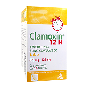 Clamoxín 12 H 14 tabletas, Lab. Maver (Amoxicilina 875 mg, Ácido clavulánico 125 mg)