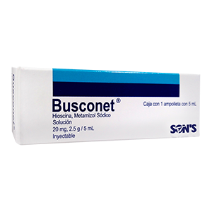 Busconet 1 amp. de 5 ml Solución (inyectable), Lab. Son's (Butilhioscina 20 mg, Metamizol Sódico 2.5 g)