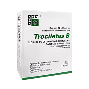 Trociletas B Limón 4 Tabletas (dispersable) Lab. Streger (Benzocaina 10.000 mg , Cloruro de Cetilpiridino 2.500 mg)