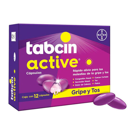 Tabcin Active 12 cápsulas, Lab. Bayer (Paracetamol 250 mg, Fenilefrina 500 mg, Dextrometorfano 10 mg, Clorfenamina 2 mg)