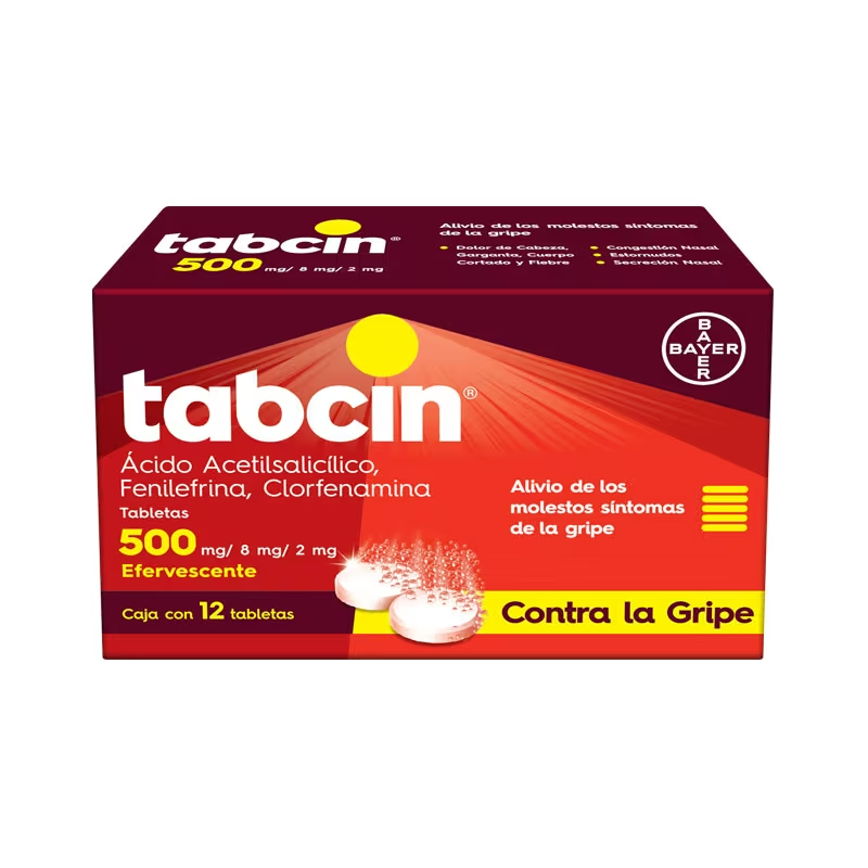 Tabcin 500 12 tabletas efervecentes, Lab. Bayer (Ácido Acetilsalicílico 500 mg, Fenilefrina 8 mg, Clorfenamina 2 mg)