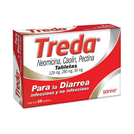 Treda 10 tabletas, Lab. Sanfer (Neomicina 129 mg, Caolín 280 mg, Pectina 30 mg)