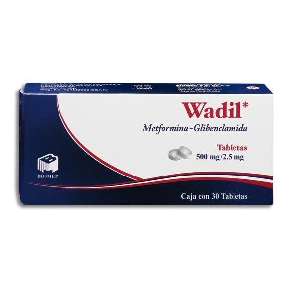 Wadil 30 tabletas, Lab. Biomep (Metformina 500 mg, Glibenclamida 2.5 mg)