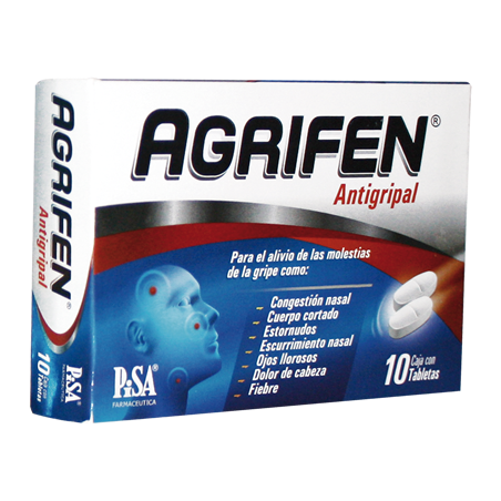 Agrifen 10 Tabletas Lab. Pisa (Paracetamol 500.000 mg , Cafeína 25.000 mg , Fenilefrina 5.000 mg , Clorfenamina 4.000 mg)