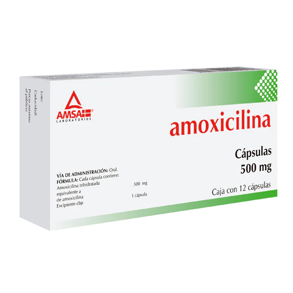 Amoxicilina 12 Cápsulas, Lab. AMSA, (Amoxicilina 500 mg)