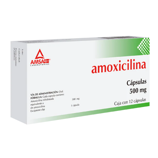 Amoxicilina 12 Cápsulas, Lab. AMSA, (Amoxicilina 500 mg)