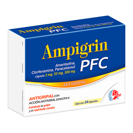 Ampigrin 24 cáp. Cápsulas Lab. Collins (Paracetamol 300.000 mg , Amantadina 50.000 mg , Clorfenamina 3.000 mg)