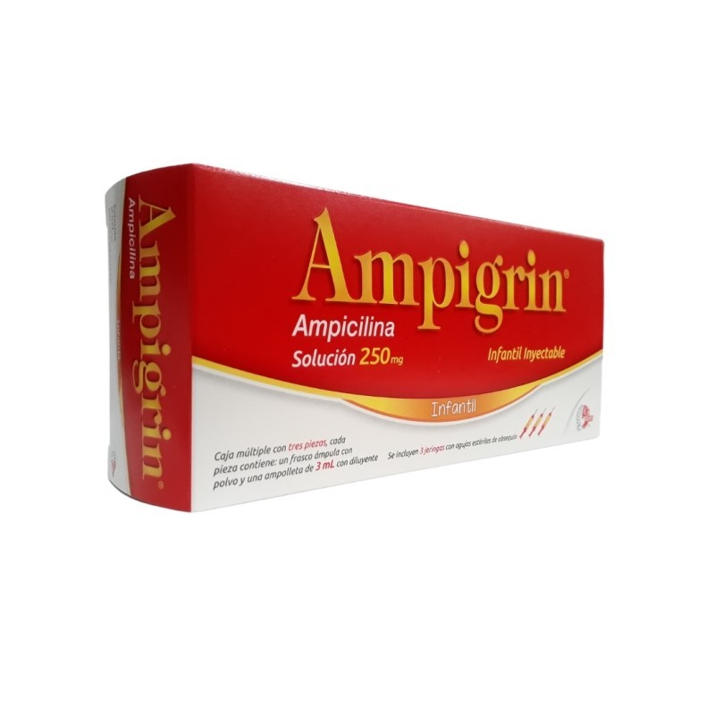 Ampigrin Infantil 3 Ampolletas c/Jeringas Solución (inyectable) Lab. Collins (Ampicilina 250.000 mg , Metamizol Sódico 200.000 mg , Guaifenesina 100.000 mg , Lidocaína 30.000 mg , Clorfenamina)