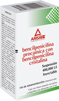 Benzatina Bencilpenicilina Suspensión 1 ampula de 2 ml, Lab. AMSA (Bencilpenicilina Procaínica 300,000 UI, Bencilpenicilina Cristalina 100,00 UI)