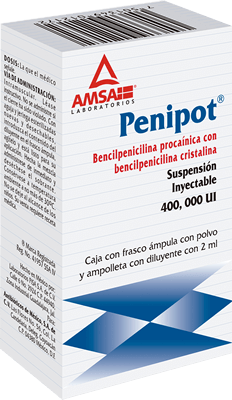 Penipot 400,000 1 ampula de 2 ml Suspensión Inyectable, Lab. AMSA (Bencilpenicilina procaínica 300,000 UI, Bencilpenicilina Cristalina 100,000 UI / 2 ml)