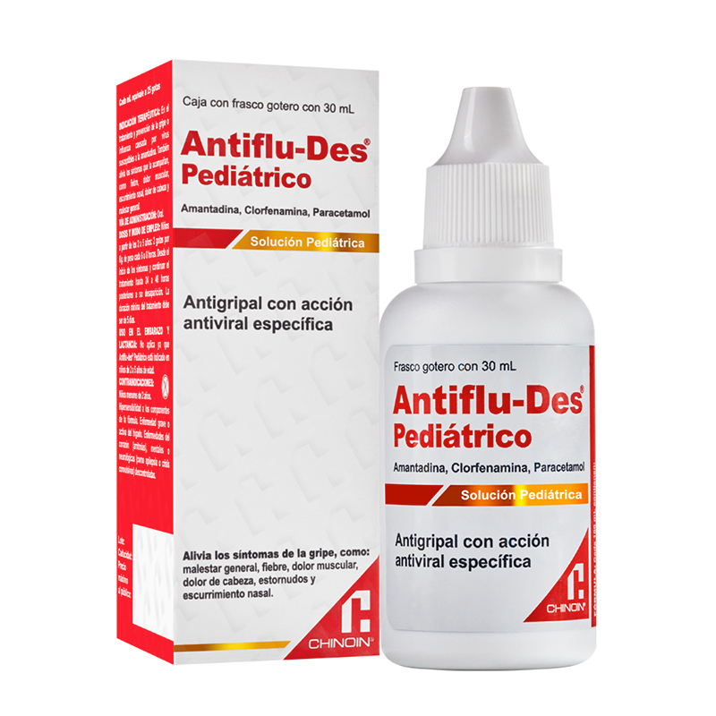 Antiflu-Des Pediátrico 30 ml Solución (gotas) Lab. Chinoin (Paracetamol 15.000 g / 100 ml , Amantadina 2.500 g / 100 ml , Clorfenamina 0.100 g / 100 ml)