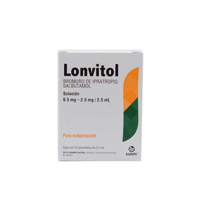 Lonvitol 10 ámpulas de 2.5 ml, Lab. Maver (Bromuro de Ipratropio 0.5 mg, Salbutamol 2.5 mg / 2.5 ml)