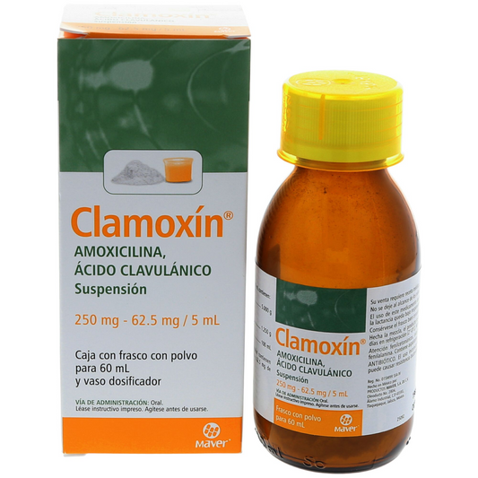 Clamoxín 60 ml Suspensión (oral) Lab. Maver (Amoxicilina 250.000 mg / 5 ml , Ácido Clavulánico 62.500 mg / 5 ml)