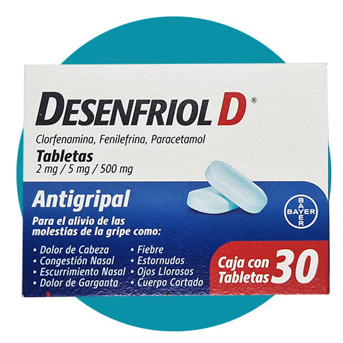 Desenfriol D 30 tabletas, Lab. Bayer (Clorfenamina 2 mg, Fenilefrina 5 mg, Paracetamol 500 mg)