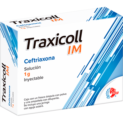 Traxicoll IM Solución Inyectable 1 ampula de 3.5 ml y 1 jeringa, Lab. Collins (Ceftriaxona 1 g / 3.5 ml)