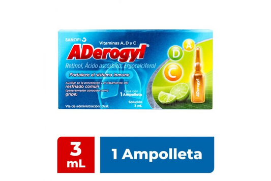 ADerogyl 15 1 amp. de 3 ml Solución (oral) Lab. Sanofi Aventis (Ascorbato de Sodio (Vitamina C) 491.090 mg / 3 ml , Ácido Ascórbico (Vitamina C) 8.560 mg / 3 ml , Retinol (Vitamina A) 3.300 mg / 3 ml , Ergocalciferol (Vitamina D2) 0.030 mg / 3 ml)