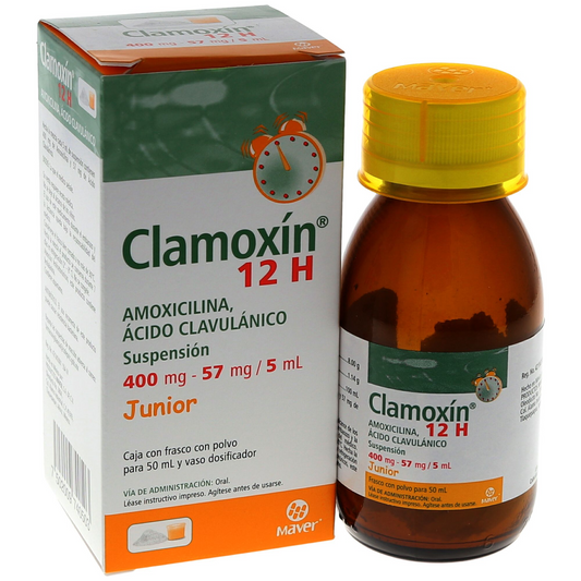 Clamoxín 12 H Junior 50 ml Suspensión (oral) Lab. Maver (Amoxicilina 400.000 mg / 5 ml , Ácido Clavulánico 57.000 mg / 5 ml)