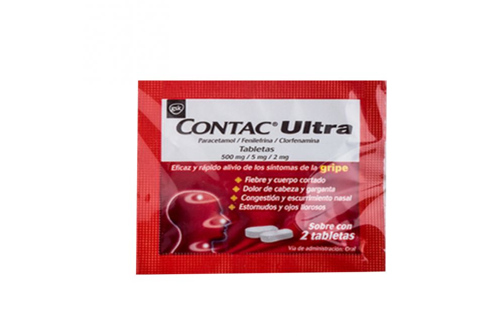 Contac Ultra 1 sobre c/2 tab. Tabletas Lab. GlaxoSmithKline (Paracetamol 500.000 mg , Fenilefrina 5.000 mg , Clorfenamina 2.000 mg)