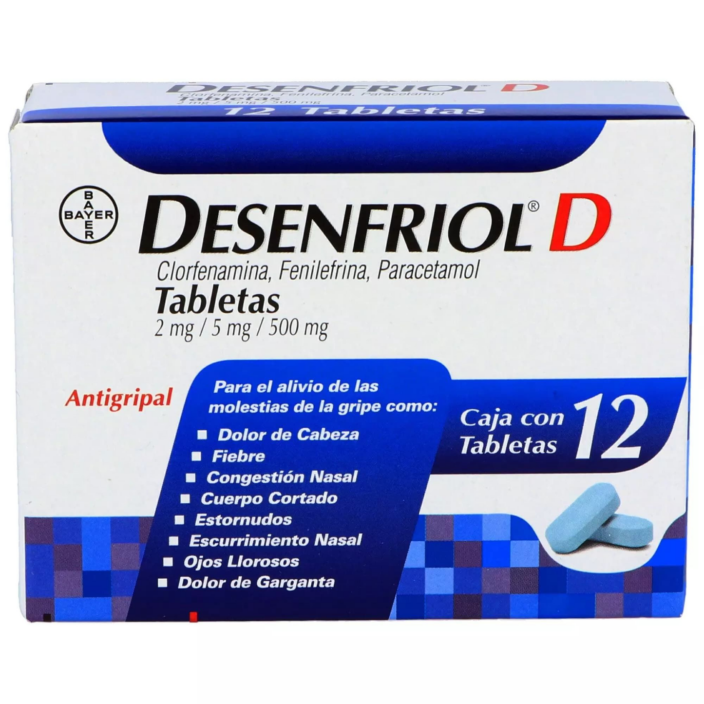 Desenfriol D 12 tabletas orales, Lab. Bayer (Clorfenamina 2 mg, Fenilefrina 5 mg, Paracetamol 500 mg)