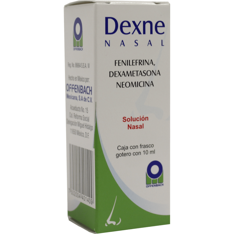 Dexne 10 ml Solución (nasal) Lab. OFFENBACH (Neomicina 3.500 mg / 1 ml , Fenilefrina 2.500 mg / 1 ml , Dexametasona 1.000 mg / 1 ml)