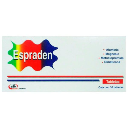 Espraden 30 tabletas, lab degorts(aluminio 200mg, magnesio 200mg, metoclopramida 10mg, dimeticona 50mg)