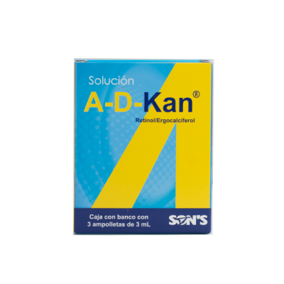 A-D-Kan 3 amp. de 3 ml Solución (oral) Lab. Son's (Retinol (Vitamina A) 6000.000 UI / 3 ml , Ergocalciferol (Vitamina D2) 400.000 UI / 3 ml)