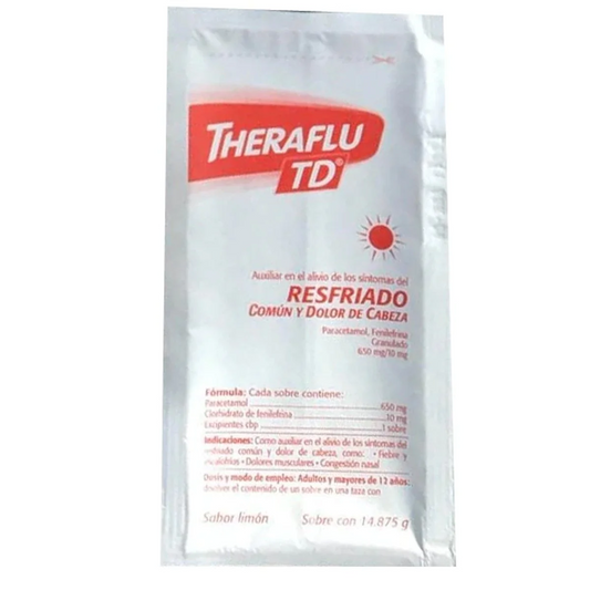 Theraflu Exthegran TD Limón 1 sobre Granulado Limón Rojo, Lab. Novartis (Fenilefrina 650.000 mg , Paracetamol 10.000 mg)