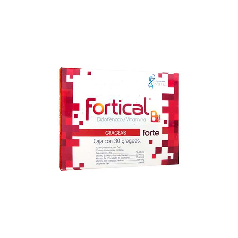 Fortical B Forte 30 grageas, Lab. Serral (Diclofenaco 50 mg, Tiamina 50 mg, Piridoxina 50 mg, Cianocobalamina 1 mg)