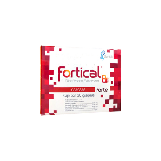 Fortical B Forte 30 grageas, Lab. Serral (Diclofenaco 50 mg, Tiamina 50 mg, Piridoxina 50 mg, Cianocobalamina 1 mg)