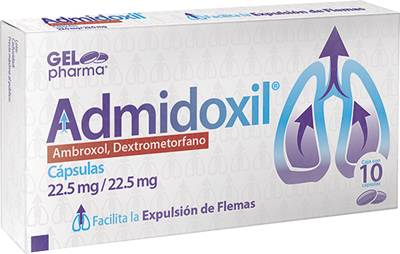 Admidoxil 10 cápsulas, Lab. Gelpharma (Ambroxol 22.5 mg, Dextrometorfano 22.5 mg)