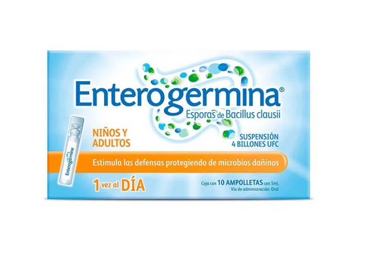 Enterogermina 10 ampolletas de 5 ml, Lab. Sanofi (Esporas de Bacillus clausi 4 billones UFC)