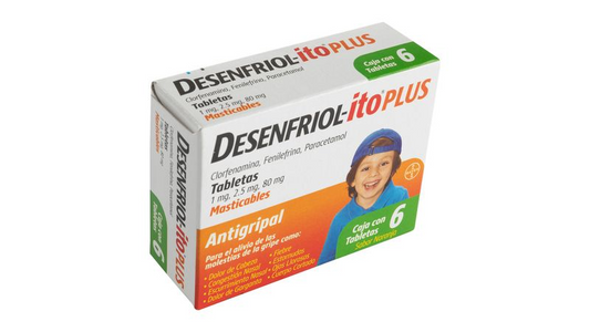 Desenfriol-ito Plus 6 tabletas masticables, Lab. Bayer (Clorfenamina 1 mg, Fenilefrina 2.5 mg, Paracetamol 80 mg)