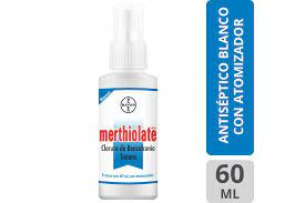 Merthiolate Spray Blanco 60 ml, Lab. Bayer (Cloruro de Benzalconio 0.13 g / 100 ml)