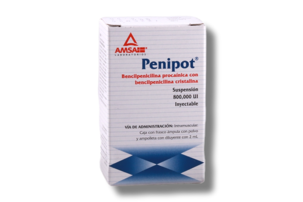 Penipot 800,000 1 amp. de 2 ml Suspensión (inyectable) Lab. AMSA (Bencilpenicilina Procaínica 600000.000 UI / 2 ml , Bencilpenicilina Cristalina 200000.000 UI / 2 ml)