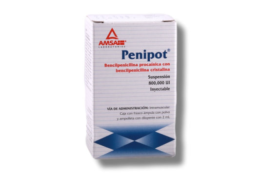 Penipot 800,000 1 amp. de 2 ml Suspensión (inyectable) Lab. AMSA (Bencilpenicilina Procaínica 600000.000 UI / 2 ml , Bencilpenicilina Cristalina 200000.000 UI / 2 ml)