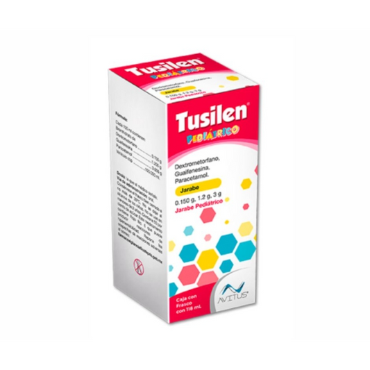 Tusilen Pediátrico Jarabe 118 ml, Lab. Avitus (Dextrometorfano 0.150 g, Guaifenesina 1.2 g, Paracetamol 3 g / 100 ml)